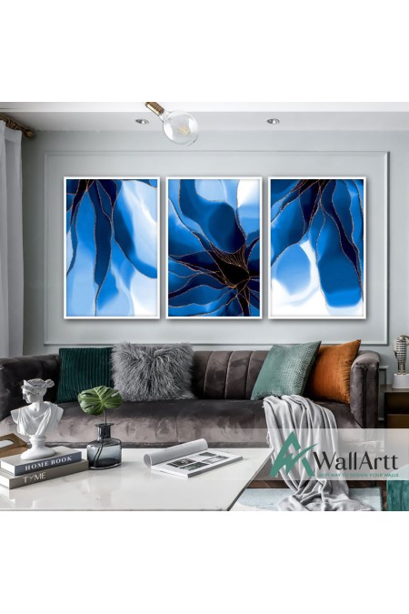 Abstract Navy Flower 3 Piece Textured Partial Oil Painting
